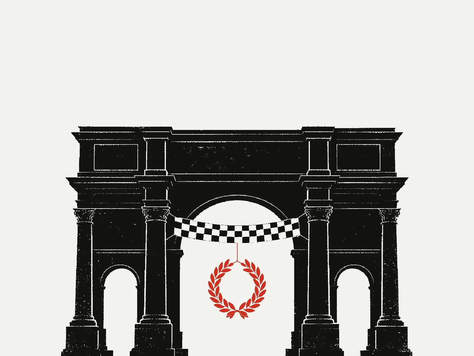 Poster of a Roman triumphal arch with a checkered finish-line banner