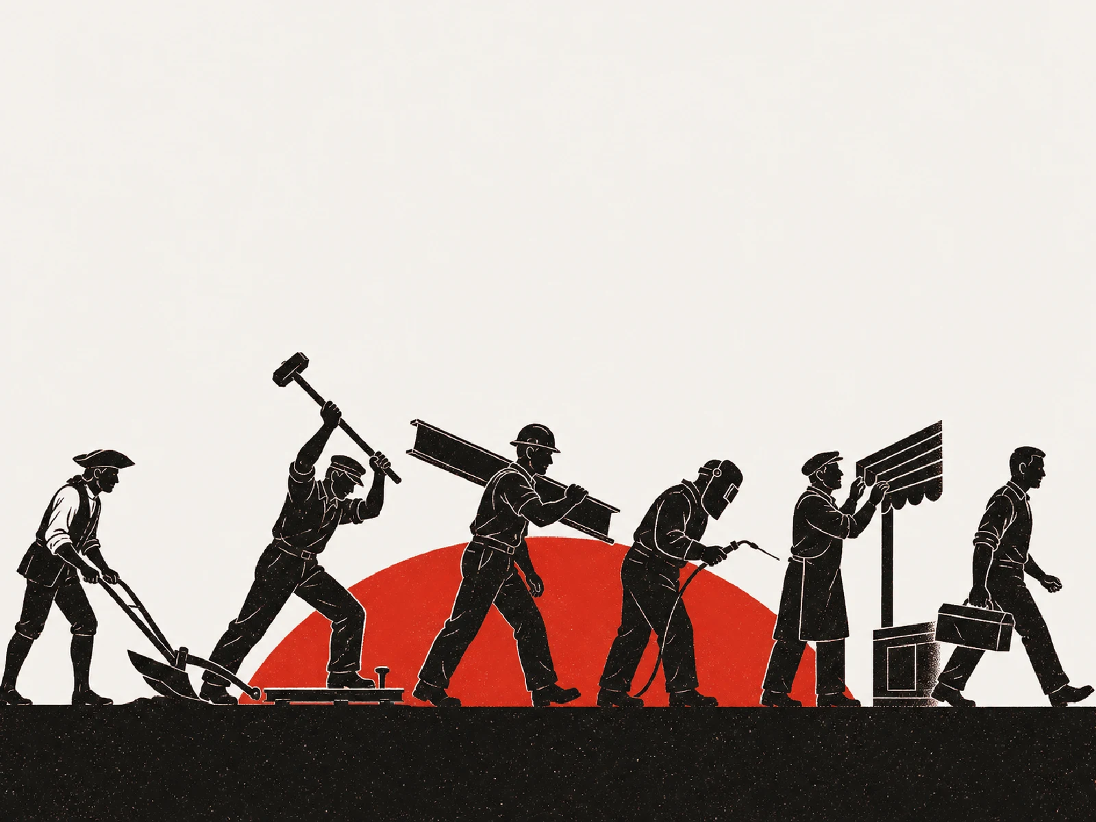 Poster of a procession of American workers across the centuries — plowman, railworker, steelworker, welder, shopkeeper — marching before a rising red sun
