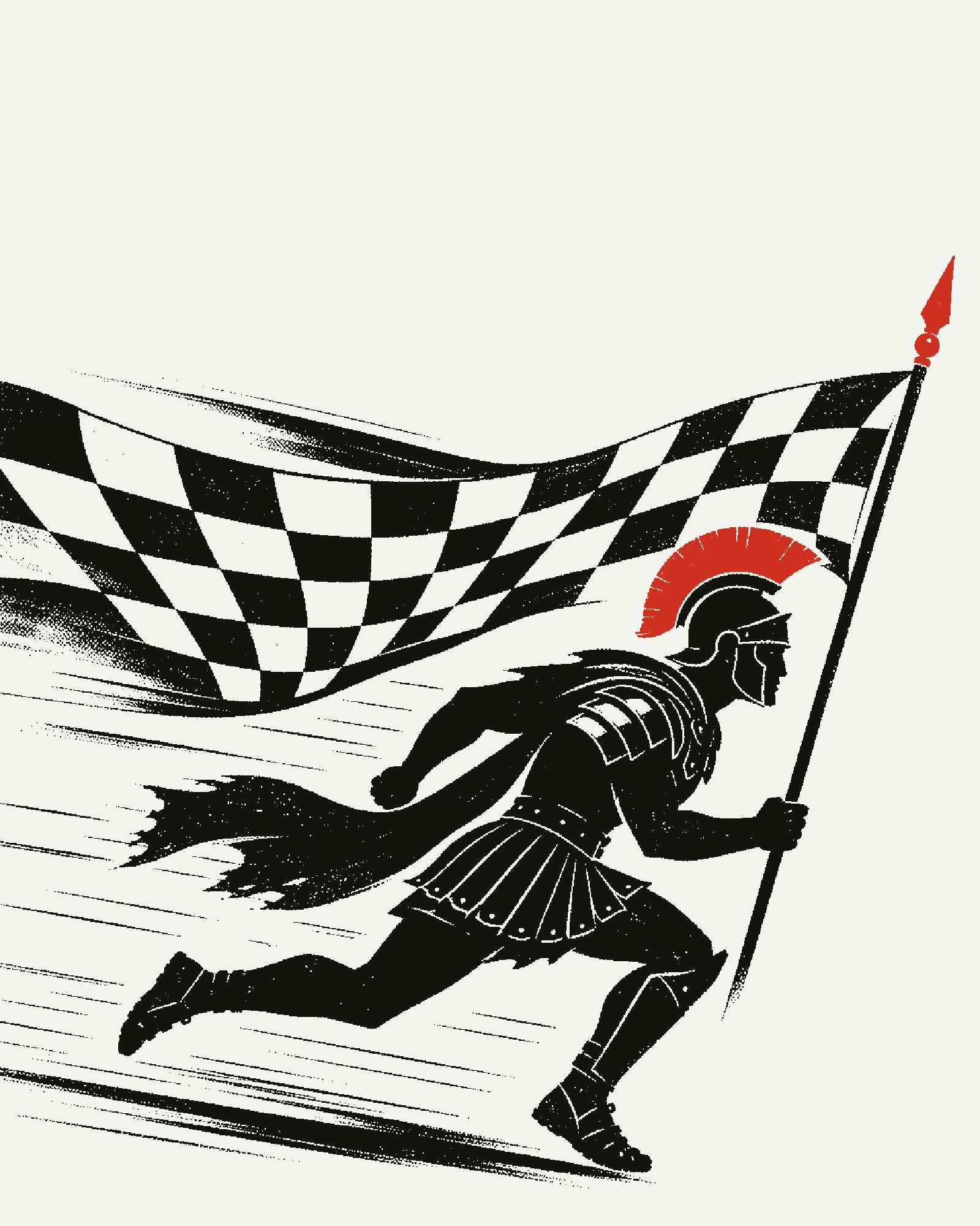 Poster of a Roman legionary charging with a checkered racing flag