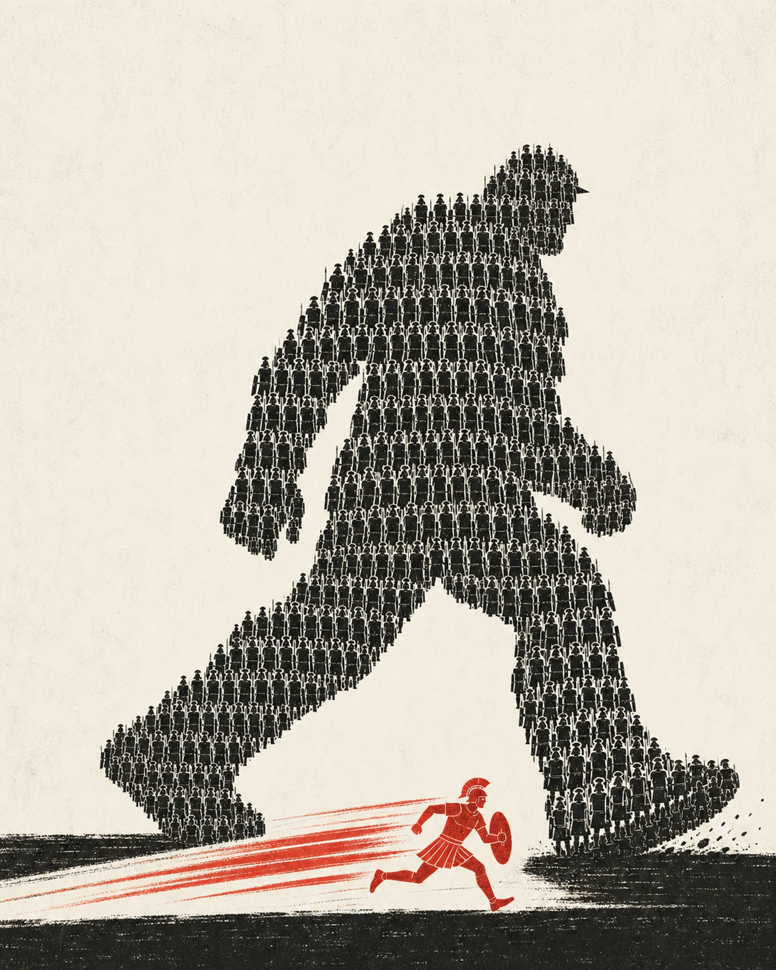 Poster of a small red runner sprinting past a lumbering giant built from hundreds of tiny figures