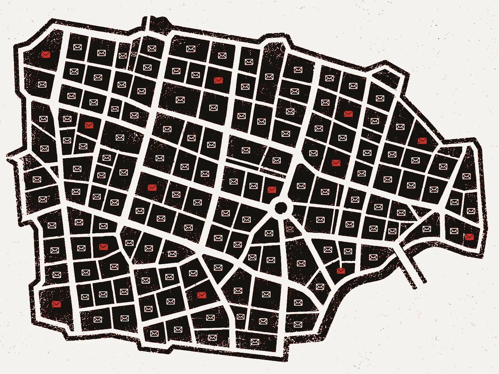 Poster of a district map drawn as street blocks, an envelope on every block, some in red