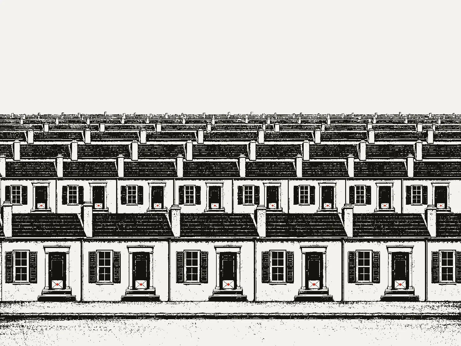 Poster of rows of identical house fronts, each with a sealed letter at the door