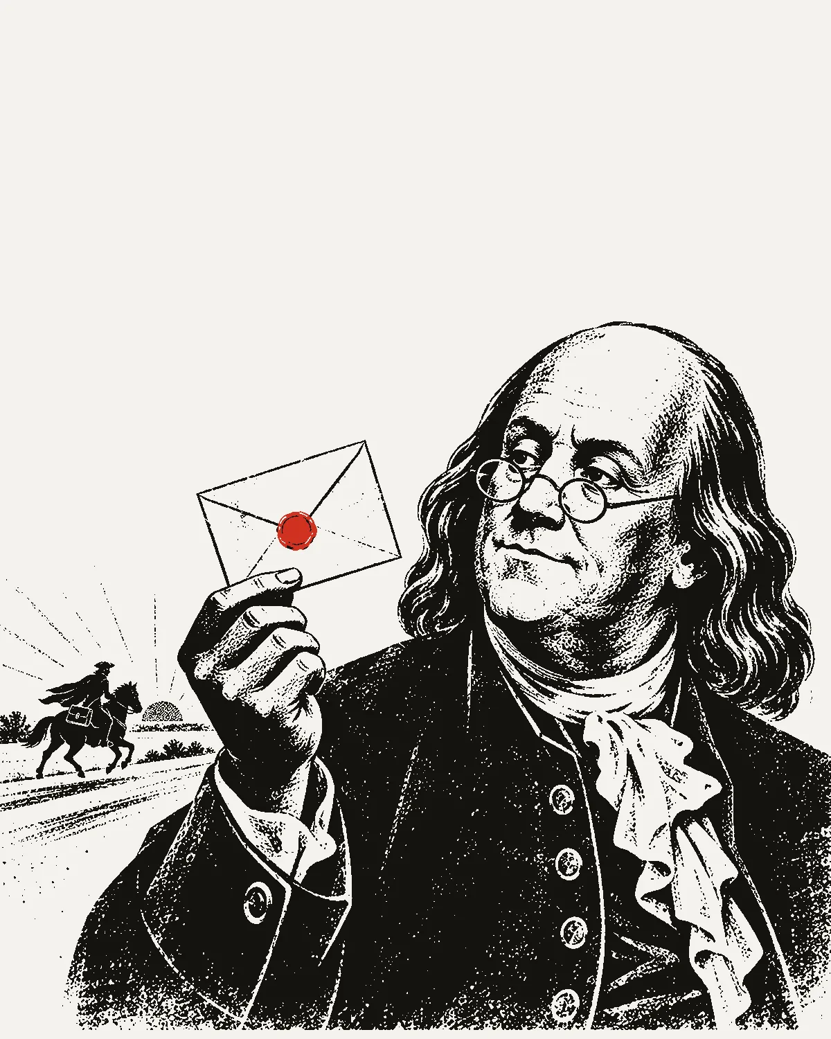 Poster of Benjamin Franklin holding up a sealed letter, a colonial post rider on the road behind him