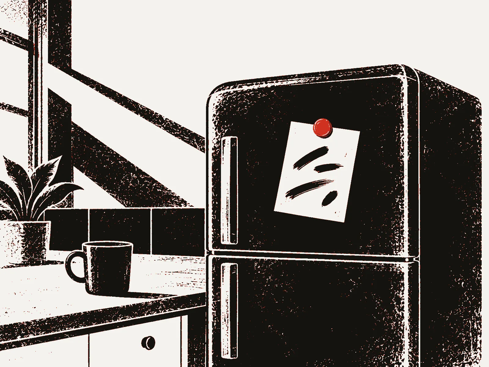 Poster of a kitchen with one letter pinned to the refrigerator by a red magnet