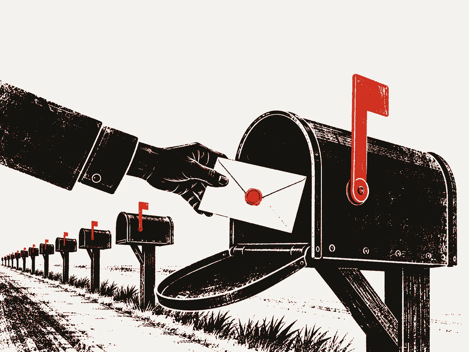 Poster of a hand drawing a sealed letter from a curbside mailbox