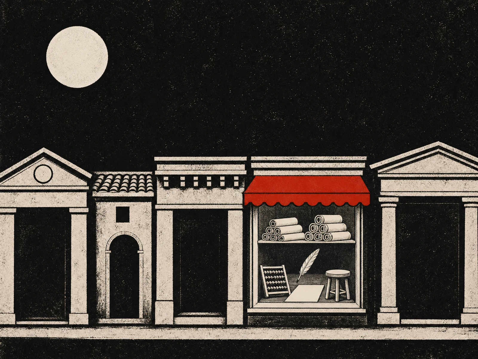 Poster of a small-town shop at night, lights on, the work finishing itself with nobody inside