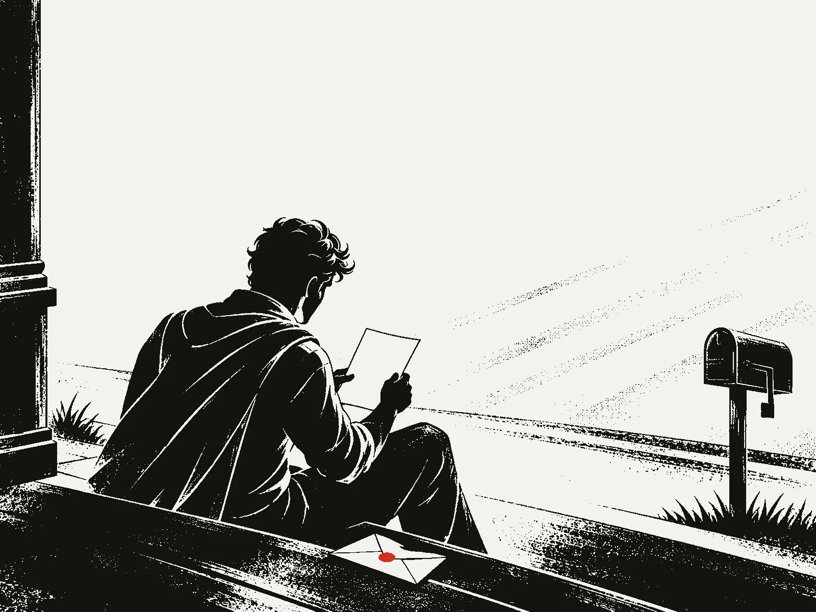 Poster of a person on a porch step reading a letter, the opened envelope beside them