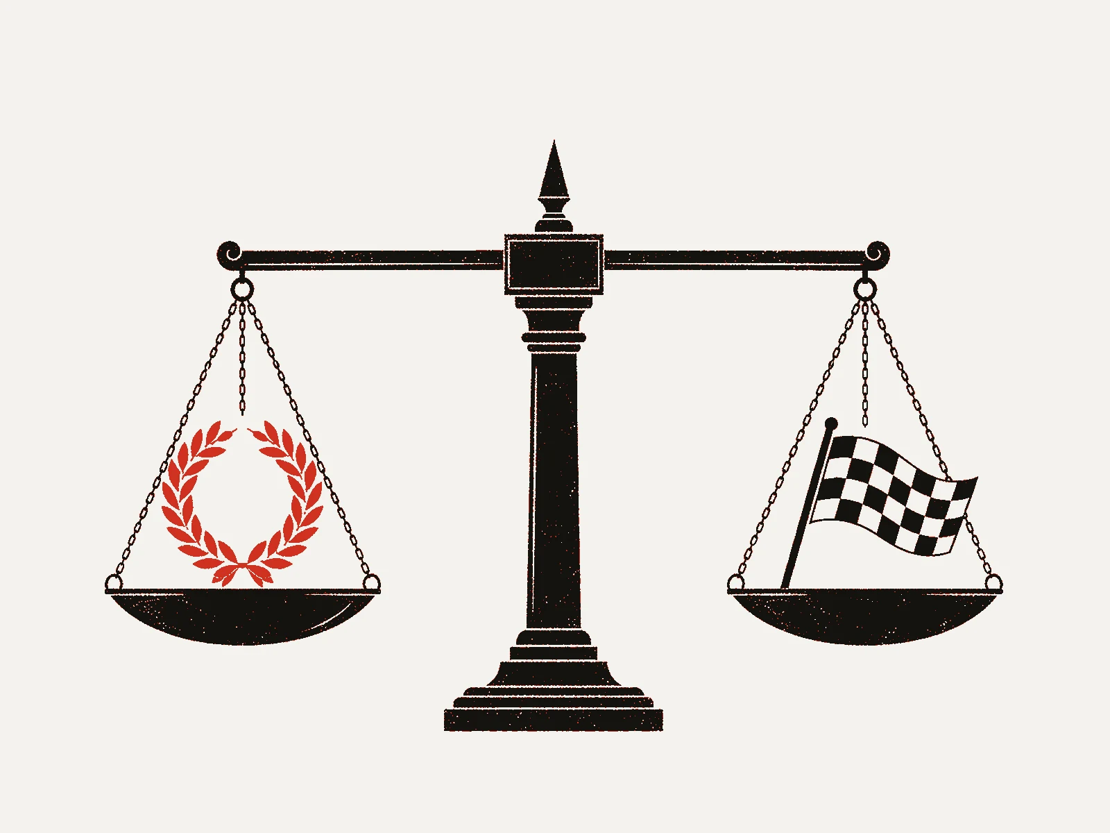 Poster of balance scales weighing a laurel wreath against a checkered flag