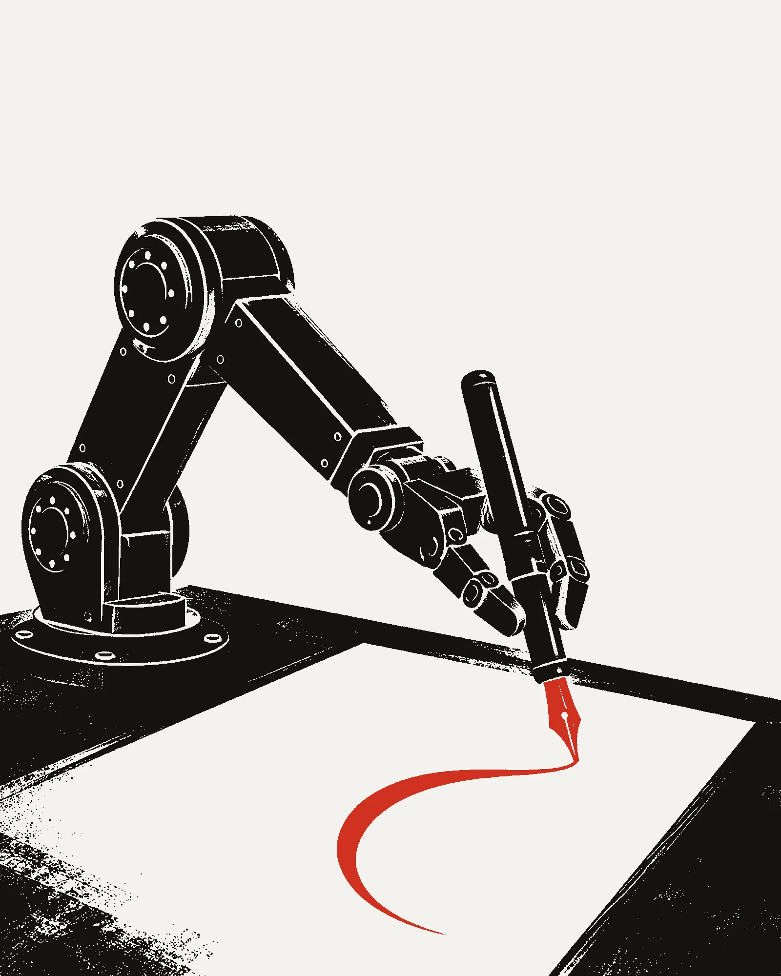 Poster of a mechanical arm holding a fountain pen, mid-stroke on a letter
