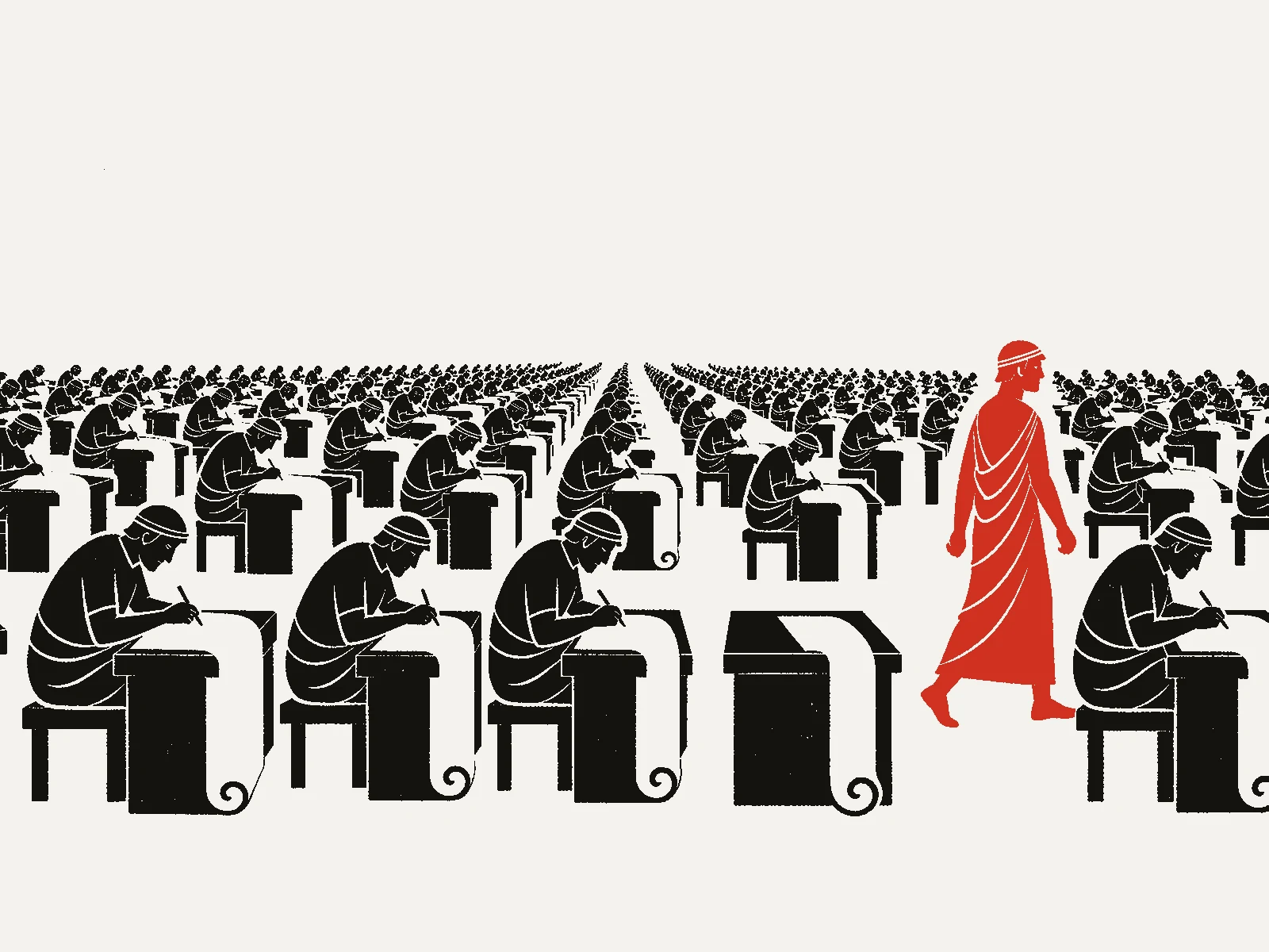 Poster of rows of identical Roman scribes copying scrolls, one figure in red walking away