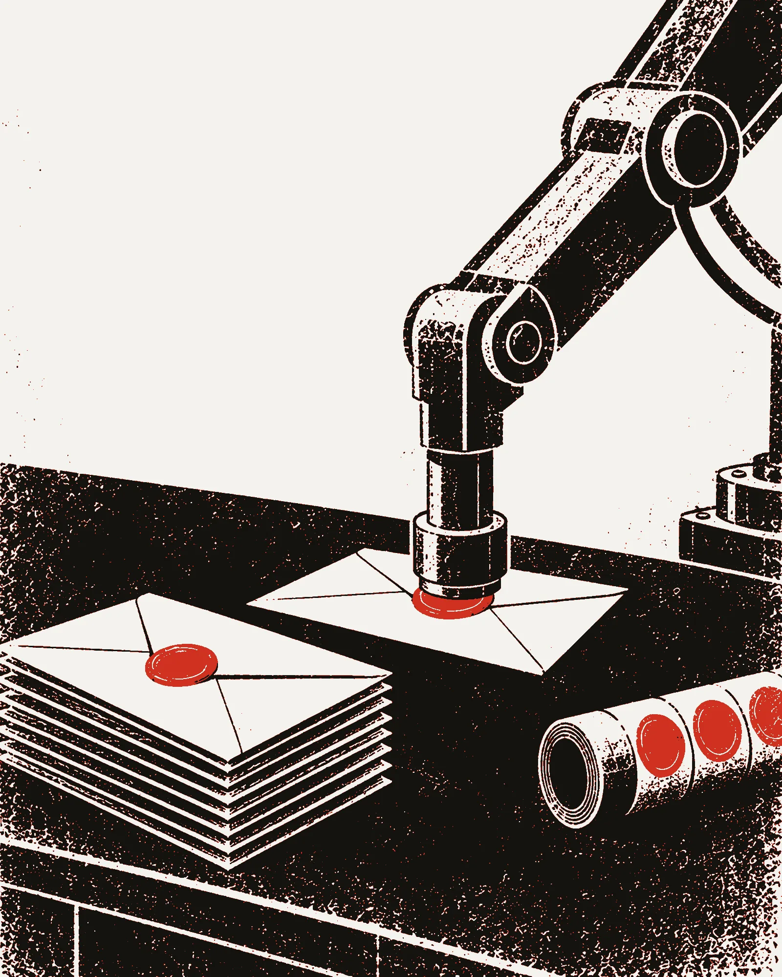 Poster of a mechanical arm pressing a wax seal onto an envelope beside a stack of sealed letters