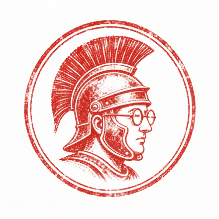 Red rubber-stamp seal of a Roman helmet wearing round spectacles